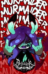 anthro aquatic big_breasts bloons_tower_defense blue_body bracelet breasts chain cleavage cleavage_cutout clothed clothing cutout dethklok english_text eyes_closed fangs female goatboydraws hair hair_over_eye haplorhine hi_res jewelry mammal merfolk mermonkey_(bloons) monkey ninja_kiwi primate purple_tongue red_background sharp_teeth shirt simple_background solo spiked_bracelet spikes split_form teeth text text_on_clothing text_on_shirt text_on_topwear tongue topwear torn_clothing torn_shirt torn_topwear
