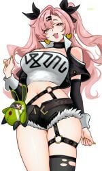 1girl bangboo_(zenless_zone_zero) black_ribbon black_shorts black_thighhighs blush breasts clothing_cutout crop_top cutoffs detached_sleeves earrings fingernails green_eyes green_nails hair_ornament hair_ribbon hairclip hand_up heart heart_earrings highres jewelry large_breasts long_hair looking_at_viewer micro_shorts mole mole_on_thigh mole_under_eye nail_polish navel nicole_demara open_mouth parallel_hairclips pink_hair ribbon shorts shoulder_cutout simple_background single_thighhigh smile solo standing strapless thick_thighs thighhighs thighs torn_clothes torn_thighhighs tube_top vuari white_background white_tube_top zenless_zone_zero