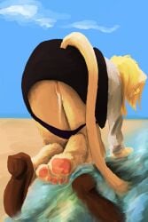 2:3 anthro beach bodily_fluids clothed clothing cum cum_in_vagina cum_inside domestic_cat felid feline felis female genital_fluids genitals hi_res hitoner mammal miss_tonerico mr.foxman panties panties_down partially_clothed solo underwear underwear_down vulva