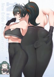 ass ass_focus backboob black_gloves black_hair black_pants blush breasts commentary_request covered_anus covered_navel covered_pussy cross-body_stretch gloves grabbing_own_ass green_hair hair_between_eyes hairband hand_on_own_ass heart high-waist_pants large_breasts long_hair looking_at_viewer metal_hairband multicolored_hair multiple_girls pants ponytail presenting_own_ass presenting_own_body pussy_juice qingyi_(zenless_zone_zero) red_eyes red_streaks simple_background spread_ass spreading_own_ass streaked_hair stretching swzw tight_clothes tight_pants twintails underboob yoga_pants zenless_zone_zero zhu_yuan