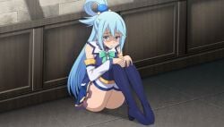 1girl against_wall aqua_(konosuba) bare_shoulders blue_boots blue_choker blue_eyes blue_gem blue_hair blue_shirt blue_skirt blush boots bow bowtie brooch choker closed_mouth detached_sleeves frilled_choker frills full_body game_asset gem green_bow green_bowtie hair_ornament hair_rings hands_on_own_knees highres indoors jewelry kadokawa knees_up kono_subarashii_sekai_ni_shukufuku_wo! long_hair looking_at_viewer non-web_source official_art raised_inner_eyebrows sad self-datamine shaded_face shirt single_hair_ring sitting skirt sleeveless sleeveless_shirt solo sphere_hair_ornament stone_wall tearing_up thigh_boots thighhighs thighhighs_under_boots tile_floor tiles white_sleeves white_thighhighs