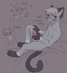 animal_crossing anthro balls bedding blanket blush bodily_fluids chibi cum cum_on_self domestic_cat embarrassed english_text erection eyewear felid feline felis gaypassionfruit genital_fluids genitals glans glasses grey_background grey_body humanoid_genitalia humanoid_penis humiliation male male_only mammal masturbation nintendo nipples nude overstimulation penile penile_masturbation penis pillow precum raymond_(animal_crossing) simple_background solo solo_male stroking_penis sweat tail text