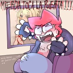1boy annoyed_expression blushing bondage cartoon caught_in_the_act clothing computer computer_screen fat_male gacha gacha_club gacha_life hand_towards_viewer humor humor_porn looking_at_viewer male male_only nervous oc open_mouth original original_character shibari spanish spanish_dialogue spanish_text suprised teeth_showing trying_to_cover_up tusks watching_porn