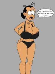 1girls areolae bare_shoulders belly_button bikini black_bikini black_hair black_panties breasts cleavage dark-skinned_female dark_skin english_text female female_focus female_only grey_background hair_bun large_breasts latina looking_down lt03official maria_santiago milf nickelodeon nicktoons open_mouth panties simple_background solo solo_female solo_focus speech_bubble standing the_casagrandes the_loud_house tied_hair