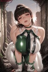 1girl ai_generated bangs bare_shoulders blunt_bangs blush breasts brown_eyes brown_hair collar eve_(stellar_blade) fingerless_gloves gloves green_dress hi_res high_quality high_resolution kiraamane looking_at_viewer necktie outdoors patreon ponytail seductive sexy solo stellar_blade uncensored watermark