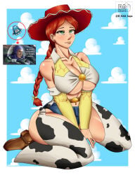 1girl big_ass big_breasts big_butt big_thighs buzz_lightyear cowgirl female green_eyes jessie_(toy_story) radiant_artist red_hair sitting toy_story