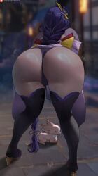 1girls ass bent_over big_ass black_thighhighs blurry_background bubble_butt curvy fat_ass female female_only from_behind genshin_impact hair_ornament huge_ass large_ass long_hair oroborusart outdoors panties purple_hair raiden_shogun sweat thick thick_thighs thighhighs voluptuous wide_hips