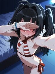 1girl ahoge ai_generated bedroom bikini black_hair blush bracelet cosplay criss-cross_halter embarrassed femcel flat_chest from_above full-face_blush hair_intakes hand_over_eyes high_angle indoors jimiko kuroki_tomoko long_hair mr.mawile nero_claudius_(fate)_(cosplay) nero_claudius_(swimsuit_caster) nervous selfie side-tie_bikini_bottom skinny solo solo_female striped_bikini sweating trembling twintails watashi_ga_motenai_no_wa_dou_kangaetemo_omaera_ga_warui!