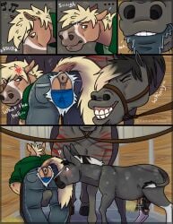 absurd_res amused annoyed anthro anus asinus assisted_exposure becoming_erect bucephalus caught_in_the_act clothing comic donkey equid equine equine_anus erection farrier feral flaccid_to_erect group hi_res horse male male/male mammal puffy_anus speech_bubble torn_clothing trio yamatopawa