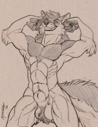 animal_genitalia anthro balls canid canine canine_genitalia canis claws digital_media_(artwork) fangs flexing flexing_bicep flexing_both_biceps genitals hi_res male male_only mammal monochrome moonstalker_(character) muscular muscular_male nude pubes richard_foley sepia sheath smile solo teeth wolf