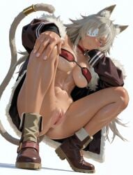1girl ai_art ai_generated anus_peek ass bandeau blush cat_ears cat_girl cat_tail choker clitoral_hood clitoris closed_mouth colored_eyelashes covered_nipples dark-skinned_female disgust elbow_on_knee eyepatch fat_mons from_below from_side fur-trimmed_coat ghislaine_dedoldia glaring grey_hair hair_between_eyes hand_on_own_face hand_on_own_knee head_rest large_breasts leather_boots mushoku_tensei narrowed_eyes pussy red_choker red_eyes rinka5693 scar scar_on_stomach simple_background solo spread_legs squatting white_background