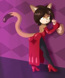 brown_hair glory_hole gloves handjob handjob_with_gloves heels high_heels leggings long_dress mobian_(species) mountain_lion red_dress red_shoes swisschocoart yellow_eyes