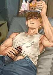 1boy armpit_hair armpits arms_up biceps big_glans big_penis blonde_hair blush brown_eyes censor_bar censored censored_penis chainsaw_man clenched_teeth collarbone cum cum_drip cum_explosion cum_on_clothes cum_on_penis cum_splatter cum_string dark_penis denji_(chainsaw_man) ejaculation erection foreskin foreskin_folds frenulum fully_clothed gay hand_on_penis hi_res huge_cock jeans lying lying_on_back lying_on_bed magazine male male_only masturbation matress mature_male motyaki muscles muscular muscular_arms muscular_male orgasm penis penis_bigger_than_head penis_out pointless_censoring porn_magazine pornography pubic_hair red_glans resisting_orgasm retracted_foreskin semen shark_teeth sharp_teeth short_hair snaggle_tooth solo sticky_cum straight tank_top thick_cum thick_penis unzipped veiny_penis very_high_resolution watching_porn wince yaoi young