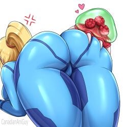 1girl anger_vein artist_name ass ass_focus biting biting_ass blonde_hair blue_bodysuit bodysuit breasts canadiananiguy commentary english_commentary from_behind heart highres large_breasts long_hair metroid metroid_(creature) paid_reward_available ponytail samus_aran skin_tight solo white_background zero_suit