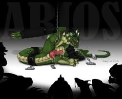 2012 2_penises ambiguous_gender arios balls bdsm bodily_fluids bondage bondage_gear bondage_gloves bound claws clothing cuff_(restraint) dragon erection feral frill_(anatomy) gag gagged genital_fluids genitals green_body green_scales group handwear horn knot knotted_penis male multi_genitalia multi_penis mythological_creature mythological_scalie mythology necrodrone pawpads penis precum reins restraints scales scalie shaded signature snout tail tail_cuff toe_claws wing_claws wingbinders wings