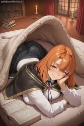 1girl ai_generated ass blush book bookshelf breasts candle cape colette_loire fujimaru_ritsuka_(female) hi_res high_quality high_resolution indoors looking_at_viewer open_book orange_eyes orange_hair patreon savvyraexo seductive sexy short_hair skirt smile tsue_to_tsurugi_no_wistoria uncensored watermark