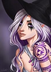 1female 1females 1girl 1girls absurd_res absurdres artist_request ashe_(venzari) braid braided_hair choker commission commission_art commissioner_upload ear_piercing earrings elf fair_skin half-elf half_elf light-skinned_female light_skin lip_ring long_hair nose_piercing nose_ring original_character portrait purple_eyes purple_hair runny_makeup runny_mascara second-party_source solo solo_female tagme tattoo tattoo_on_arm tattoo_on_chest tattooed_arm tattoos thick_eyesbrows two-tone_hair white_hair witch