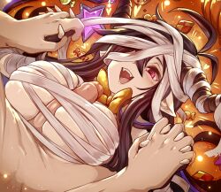 1boy 1girls :d bandages bow bowtie breasts danua danua_(granblue_fantasy) draph draph_race_(granblue_fantasy) fangs female female_focus gran_(granblue_fantasy) granblue_fantasy hands-free_paizuri heart holding_hands horn_ornament horns interlocked_fingers large_breasts light-skinned_female light-skinned_male light_skin long_hair lying lying_on_back male male/female merunyaa nipples on_back paizuri paizuri_under_clothes penis pointy_ears skindentation smile star_(symbol) straddling straddling_paizuri straight teeth upper_teeth