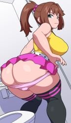 1girls ass ass_cleavage ass_crack bathroom big_ass big_breasts big_butt breasts brown_hair butt_crack eye_contact female huge_breasts kabeume large_ass looking_back miniskirt nipple_bulge skirt solo tea_gardner tea_gardner_(yu-gi-oh!_the_dark_side_of_dimensions) thighhighs thighs thong toilet undressing yu-gi-oh!