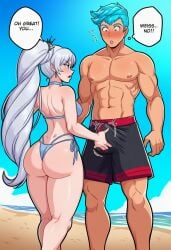 1boy 1girl abs ai_generated ass back bare_shoulders beach bikini black_male_swimwear black_shorts blue_bikini blue_eyes blue_hair blue_sky blush breasts bulge clothing cloud crotch_grab day earrings english_text erection erection_under_clothes female handjob height_difference hetero huge_ass jewelry long_hair looking_at_penis male male_swimwear muscle muscular muscular_male navel neptune_vasilias nipples ocean open_mouth outdoors pectorals ponytail rwby sand scar scar_across_eye scar_on_face short_hair side-tie_bikini_bottom side_ponytail sky speech_bubble standing swim_trunks swimsuit thick_thighs thighs thong thong_bikini thought_bubble topless_male very_long_hair water weiss_schnee white_hair