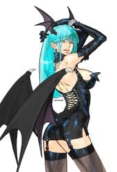 4_wings accessory arm_behind_head arm_on_head arms_up ass ass_crack back_view bat bat_ornament black_clothing black_dress black_elbow_gloves black_wings capcom dark_clothing elbow_gloves female female_focus female_only fit fit_female garter_belt goth green_eyes green_hair hands_on_head head_wings looking_at_viewer morrigan_aensland multiple_wings nishimura_kinu official_art ornament pantyhose see-through_pantyhose short_dress side_view sideboob simple_background slim_arms slim_female slim_girl slim_legs slim_waist solo solo_female solo_focus straps succubus succubus_wings vampire_(game) vampire_savior watermark_removed white_background wings_on_head