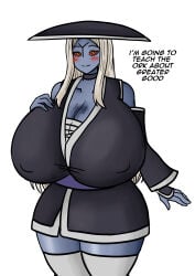 1girls blue_body female_only gigantic_breasts huge_breasts kegispringfield kimono simple_background solo solo_female tau warhammer_(franchise) warhammer_40k white_background white_hair