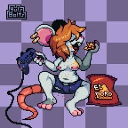 1:1 3_toes anthro areola big_ears bottomwear breasts brown_hair buckteeth checkered checkered_background chips_(food) clothed clothing controller corn_chips digital_media_(artwork) doritos ear_piercing eyes_closed feet female fingers food frito-lay game_controller grey_body hair hi_res mammal murid murine navel nipple_piercing nipples orange_hair pattern_background paws piercing pink_areola pink_inner_ear pink_toes pixel_(artwork) rat red_tail rodent shorts simple_background solo tail teeth toes topless topless_anthro topless_female white_body yulsbolts