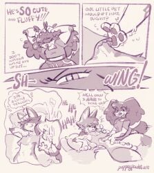 2026 animal_genitalia anthro balls bottomless bottomless_anthro bottomless_male calico_cat canid canine canis casual_exposure casual_nudity chest_tuft clothed clothing comic dialogue domestic_cat domestic_dog english_text felid feline felis female female_anthro femboy genitals hi_res inner_ear_fluff lipsticking male male/female male_anthro mammal maple_(puppeypawbs) pawpads penis penis_tip petting puppeypawbs sheath syrup_(puppeypawbs) tail text tickling tuft