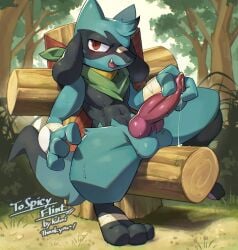 animal_genitalia animal_penis anthro balls bandage bedroom_eyes big_penis bodily_fluids canine_genitalia canine_penis erection generation_4_pokemon genital_fluids genitals hi_res hidoritoyama kerchief knot knotted_penis looking_at_viewer male misplaced_urethra narrowed_eyes nintendo penis pokemon pokemon_(species) precum riolu roy_(solflint) sassy seductive sitting smug smug_face solo sweat upside_down_penis