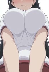 1girl 1girls ai_generated azumanga_daiou black_hair blush breast_squeeze civitai close-up embarrassed eyes_out_of_frame gym_uniform long_hair sakaki solo stable_diffusion