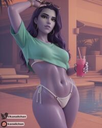 1girl 3d 3d_(artwork) activision ai_generated amelie_lacroix bikini bikini_bottom blizzard_entertainment blue_body blue_skin cosplay crossover crossover_cosplay girl_only girl_solo gold_earrings gold_hoop_earrings gold_sunglasses grand_theft_auto grand_theft_auto_vi green_shirt gta_vi_cover_girl hoop_earrings_oversized juicy_body juicy_breasts kanaiichan large_breasts looking_at_viewer loose_hair narrow_waist navel oiled_body oiled_skin open_mouth outdoors outside overwatch overwatch_2 patreon patreon_username perfect_body perfect_breasts posing purple_body purple_hair purple_skin rockstar_games seductive_body seductive_pose seductive_smile sexy sexy_body sexy_breasts shiny_skin short_shirt smooth_skin solo standing_pose sunglasses thong_bikini twitter_username uncensored underwear_only wavy_hair white_bikini white_nails wide_hips widowmaker yellow_eyes