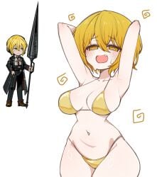 1girl armpits arms_behind_head arms_up bikini blonde_hair breasts commentary_request cowboy_shot curvy don_quixote_(limbus_company) fang gold_bikini hair_between_eyes highres large_breasts limbus_company looking_at_viewer navel open_mouth photo_inset project_moon reference_inset short_hair simple_background smile solo stomach sweat swimsuit white_background wide_hips yellow_eyes