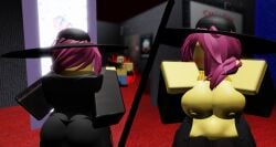 1boy 1girls 3d breasts breasts_out clothed_female flashing_breasts flushed forsaken_(roblox) hat jacket jacket_open jane_doe_(forsaken) jane_doe_(roblox) john_doe_(forsaken) john_doe_(roblox) looking_away messy_hair neutral_expression pink_hair ponytail roblox roblox_game robloxian self_upload shirt_lift standing tagme_(artist) yellow_shirt