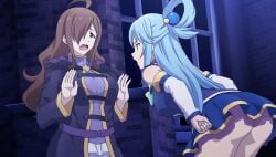 2girls ahoge aqua_(konosuba) ass ass_focus bare_ass bare_shoulders blue_eyes blue_hair blue_shirt blue_skirt bow bowtie breasts brick_wall brown_eyes brown_hair clenched_hands detached_sleeves dress eye_contact from_side frown gambeson game_asset green_bow green_bowtie hair_ornament hair_over_one_eye hair_rings hands_on_own_hips hands_up high_collar highres hood hood_down hooded_robe huge_ass jitome kadokawa kono_subarashii_sekai_ni_shukufuku_wo! large_breasts leaning_forward long_dress long_hair long_sleeves looking_at_another medium_breasts multiple_girls night no_panties non-web_source official_art open_mouth outdoors purple_dress purple_robe raised_inner_eyebrows robe self-datamine shirt single_hair_ring skirt sleeveless sleeveless_shirt sphere_hair_ornament standing sweatdrop upper_body v-shaped_eyebrows wavy_hair white_sleeves window wiz_(konosuba)