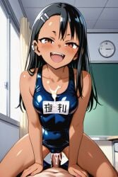 ai_generated black_hair brown_eyes cowgirl_position cum_inside cum_on_breasts hayase_nagatoro long_hair long_penis one-piece_swimsuit please_don't_bully_me,_nagatoro riding riding_cock riding_penis school_swimsuit tan-skinned_female tanned_skin