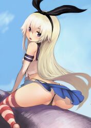 ass ass_cleavage black_hair_ornament black_hairband black_panties black_skirt black_underwear blonde_female blonde_hair blue_background blue_eyes blue_skirt butt_crack clothing elbow_gloves female female_only gloves hairband high_resolution johan_(johan13) kantai_collection long_hair microskirt pantsu partially_visible_vulva shimakaze_(kantai_collection) sitting skirt solo solo_female spread_legs straddling striped striped_legwear thighhighs thong underwear white_gloves