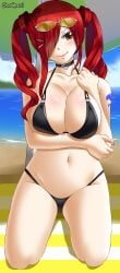 1girls alternate_hairstyle beach big_breasts bikini black_bikini breast_hold breasts brown_eyes erza_scarlet fairy_tail female gaston18 hair_over_one_eye highres kneeling large_breasts looking_at_viewer navel red_hair smile solo sunglasses sunglasses_on_head swimsuit towel twintails water