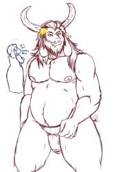 anthro asgore_dreemurr beard belly bovid caprine facial_hair flaccid genitals goat horn kitratre male male_focus mammal mature_male musclegut muscular nipples nude pecs penis slightly_chubby solo_focus toriel undertale_(series)