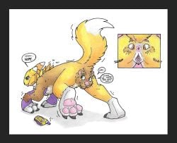 3_fingers 3_toes all_fours anthro anus anus_transformation ass_up bandai_namco begging black_sclera body_part_transformation border brown_body brown_fur butt_transformation claws conjoined danwolf15 digimon digimon_(species) digivice english_text feet female finger_claws fingers fur gender_transformation genitals grey_background grey_border hand_feet handpaw implied_permanent loss_of_speech male male/female mammal mid_transformation mustelid otter pawpads paws pink_pawpads pushmi-pullyu renamon simple_background smug_face solo tan_body tan_fur text toe_claws toes tongue tongue_out transformation transformation_sequence udtf upside_down_transformation vulva vulva_transformation whiskers white_background white_body white_fur worried yellow_body yellow_fur