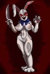 anthro areola big_breasts black_eyes blue_bow bow_(disambiguation) breasts buckteeth female five_nights_at_freddy's fur genitals grey_body grey_fur holding_knife holding_object holding_weapon knife lagomorph leporid looking_at_viewer mammal navel nipples nude open_mouth open_smile pussy rabbit red_background red_sclera scottgames seam_(sewing) simple_background smile solo stitch_(sewing) tan_areola tan_nipples teeth thick_thighs touijou777 vanny_(fnaf) video_games weapon whiskers wide_hips