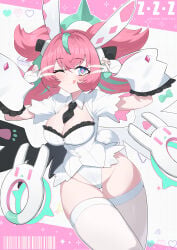 1girls angels_of_delusion aria_(zenless_zone_zero) aria_(zenless_zone_zero)_(human_form) artist_request blue_eyes blue_highlights breasts bunnysuit fingerless_gloves large_breasts looking_at_viewer multicolored_hair peace_sign pink_hair smile solo solo_female solo_focus thick_thighs thighs tongue_out wink winking_at_viewer zenless_zone_zero