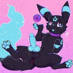 1:1 anus balls black_body black_fur blue_body blue_fur blue_knot blue_nose blue_pawpads blue_tongue blush butt claws collar eeveelution feral fur gabileafy generation_2_pokemon genitals heterochromia hi_res knot male markings nintendo pawpads pink_eyes pokemon pokemon_(species) purple_eyes simple_background solo star_(marking) tail tongue umbreon
