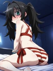 1girl ahoge ai_generated ass ass_focus bags_under_eyes bedroom black_hair bracelet cosplay criss-cross_halter femcel flat_chest from_below green_eyes hair_intakes hair_over_one_eye indoors jimiko kuroki_tomoko long_hair looking_back looking_down mr.mawile nero_claudius_(fate)_(cosplay) nero_claudius_(swimsuit_caster) nervous_smile on_bed petite ringed_eyes shaded_face side-tie_bikini_bottom skinny striped_bikini striped_swimsuit twintails v_arms wariza watashi_ga_motenai_no_wa_dou_kangaetemo_omaera_ga_warui! wavy_mouth