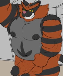 5:6 anthro balls biceps big_balls big_penis black_nipples camp14 erection generation_7_pokemon genitals glans green_eyes grin gym hi_res incineroar looking_at_viewer male moobs musclegut muscular navel nintendo nipples nude overweight overweight_male penis pink_nose pokemon pokemon_(species) selfie smile solo vein veiny_penis yellow_sclera