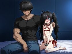 1boy 1girl ahoge ai_generated arm_around_shoulder bags_under_eyes bedroom black_hair bracelet cosplay criss-cross_halter dark-skinned_male dark_room femcel flat_chest green_eyes hair_intakes height_difference imminent_sex indoors interracial jimiko kuroki_tomoko long_hair looking_at_another looking_up mr.mawile muscular_male nero_claudius_(fate)_(cosplay) nero_claudius_(swimsuit_caster) nervous nervous_smile nervous_sweat petite petite_female ringed_eyes side-tie_bikini_bottom size_difference skinny skinny_female striped_bikini striped_swimsuit trembling twintails v_arms wariza watashi_ga_motenai_no_wa_dou_kangaetemo_omaera_ga_warui!