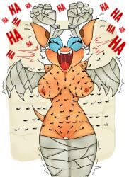 1girl absurd_res ant anthro arms_above_head arthropod bat bodily_fluids bound eldelascosquillas eyes_closed female furry furry_female hi_res hymenopteran insect laugh mammal mummification mummy_wrappings nude nude_female rouge_the_bat sega solo sonic_(series) sonic_the_hedgehog_(series) sweat text tickle_torture tickling
