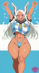 abs ai_generated argentina argentinian arms_up big_breasts blue_thong boku_no_hero_academia bouncing bouncing_breasts busty cheering cyan_thong dark_skin dark_skinned_female fanart fifa_soccer football football_uniform humanoid jorgecarlosai jumping legs light_blue_thong long_hair mirko miruko muscular muscular_female my_hero_academia quirk_(mha) quirked_human_(my_hero_academia) rabbit rabbit_ears rabbit_girl rabbit_humanoid red_eyes rumi_usagiyama sexy shirt short_shirt smile soccer soccer_uniform thick thick_legs thick_thighs thighs thong thong_panties toned toned_arms toned_body toned_female toned_legs two_tone_shirt usagiyama_rumi vertical_stripes watermark white_hair world_cup