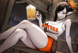 1girls ai_generated alcohol beer black_hair black_sclera breasts chrysanthemum clothed clothes clothing eye_shadow fangs female flower flower_in_hair hair_bun hooters hooters_uniform horror horror_(theme) makeup mascara monster_girl original original_character paigen pale_skin pointy_ears pouch red_nails sharp_nails sharp_teeth shirt shorts slit_pupils undead vampire vampire_fangs vampire_girl white_skin yellow_eyes