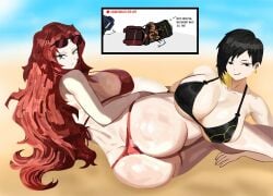1boy 2girls beach big_ass big_breasts big_tits bikini binah black_hair booty butt_crack different_eye_color ear_piercing fake_breasts gebura_(lobotomy_corporation) huge_ass library_of_ruina lobotomy_corporation long_hair looking_back ocean paul_camadonnas project_moon red_bikini red_hair sand smirking sunglasses thick_female