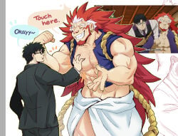 bara beard facial_hair flexing horns long_hair male male_only muscles muscular pec_grab pec_squeeze right_(yomi_no_tsugai) size_difference speech_bubble stardog yomi_no_tsugai